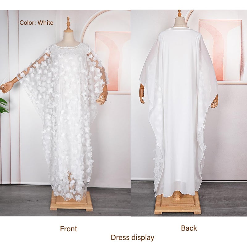 HD African Women Applique Flower Dress Boat Neck White Caftan Chiffon Gown One Size - Image 2